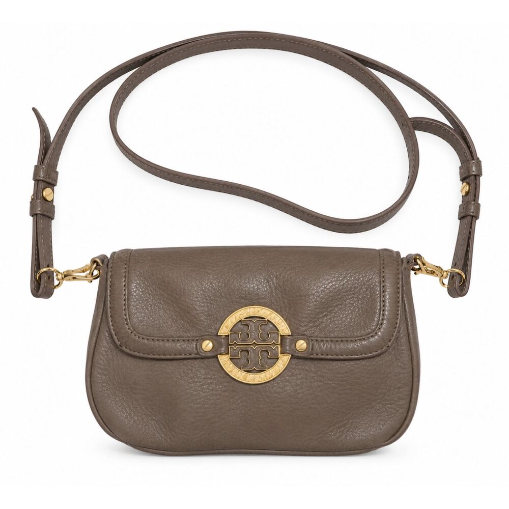 Tory Burch Amanda Taupe Leather Foldover Crossbody Double T Medallion